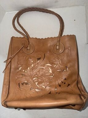Patricia Nash Tan Floral Laser-Cut Leather Tote Bag